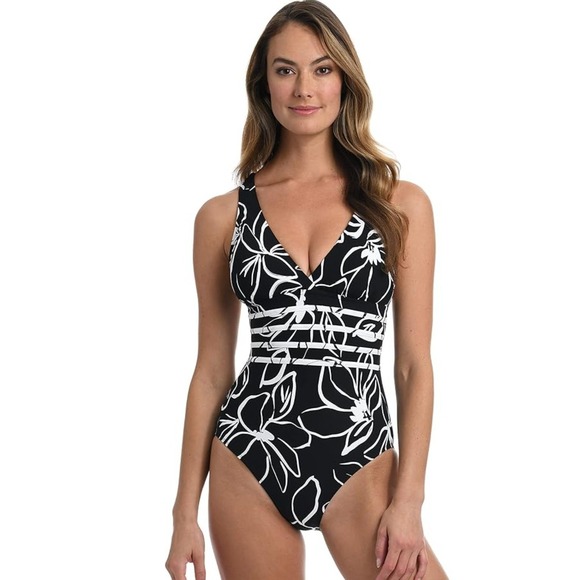 La Blanca Swimmwear Other - La Blanca One Piece Women 12 Black Floral Tummy Control Crisscross Strap 856 NWT